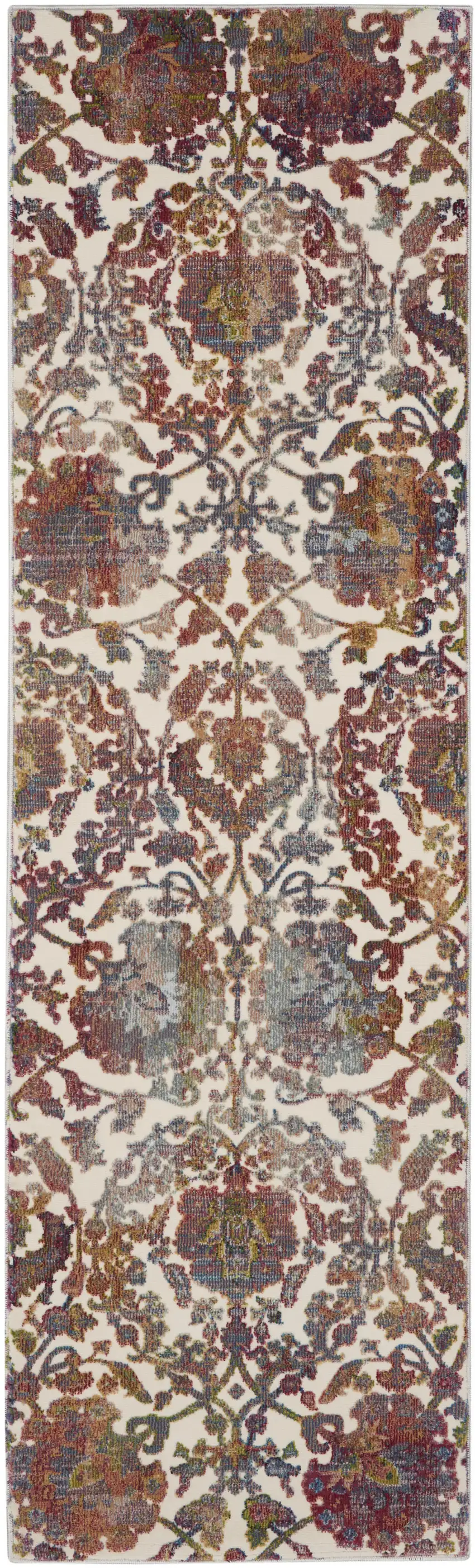 8' White and Golden Brown Floral Distressed Non Skid Runner Rug Photo 8