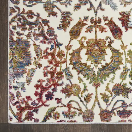 8' White and Golden Brown Floral Distressed Non Skid Runner Rug Photo 7