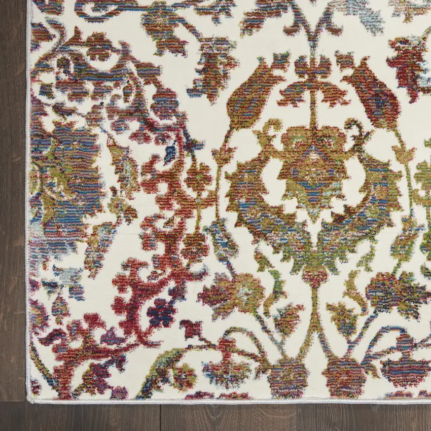 8' White and Golden Brown Floral Distressed Non Skid Runner Rug Photo 7