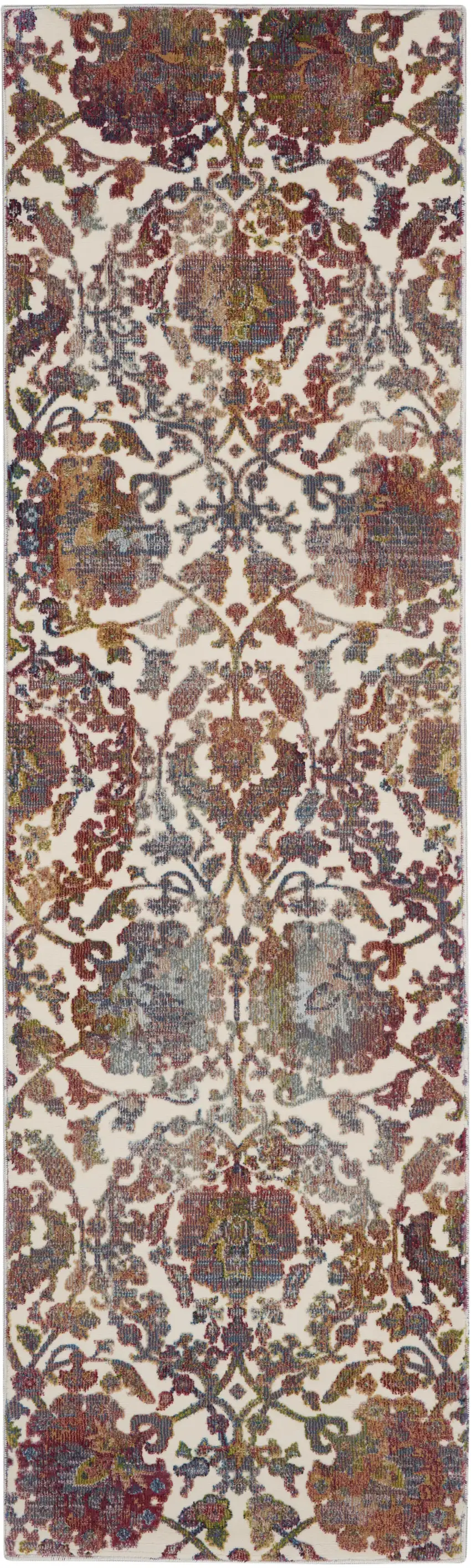 8' White and Golden Brown Floral Distressed Non Skid Runner Rug Photo 2