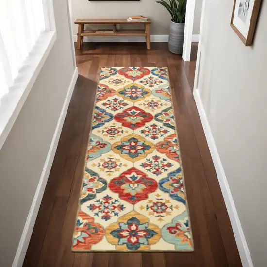 8' Blue And Ivory Wool Geometric Hand Tufted Runner Rug Photo 1