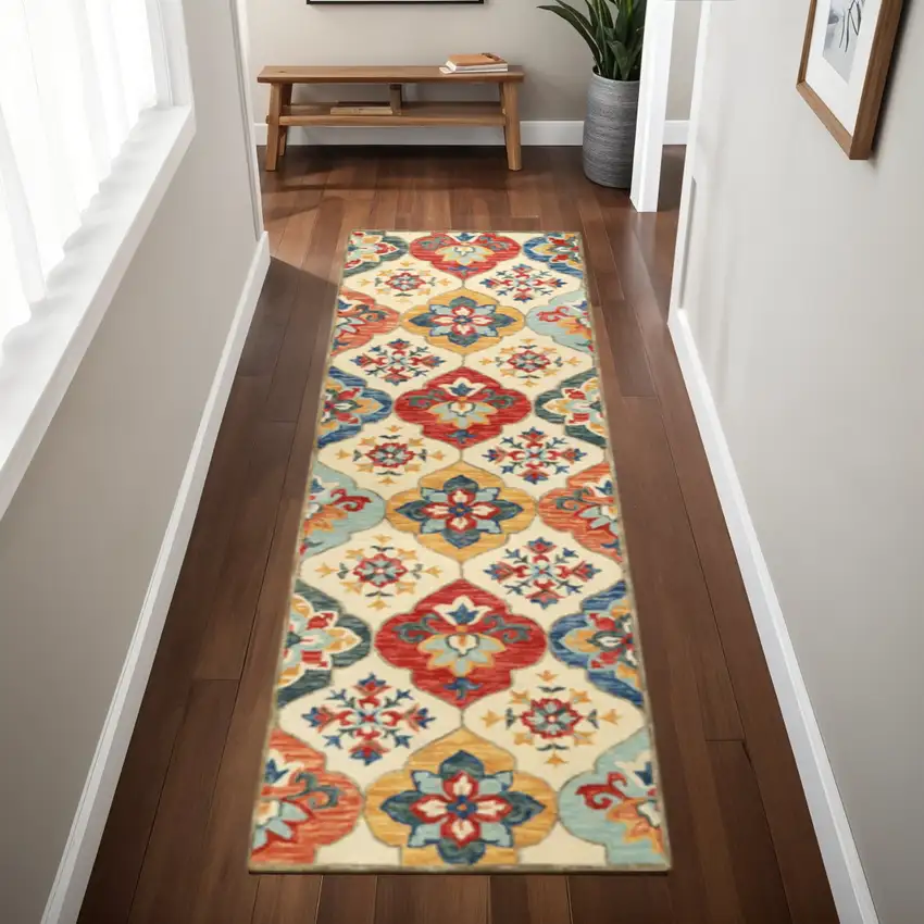 8' Blue And Ivory Wool Geometric Hand Tufted Runner Rug Photo 1