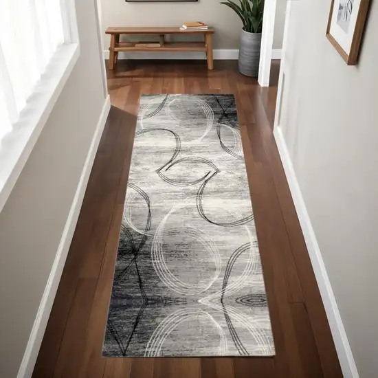 8' Gray And Ivory Abstract Shag Runner Rug Photo 2