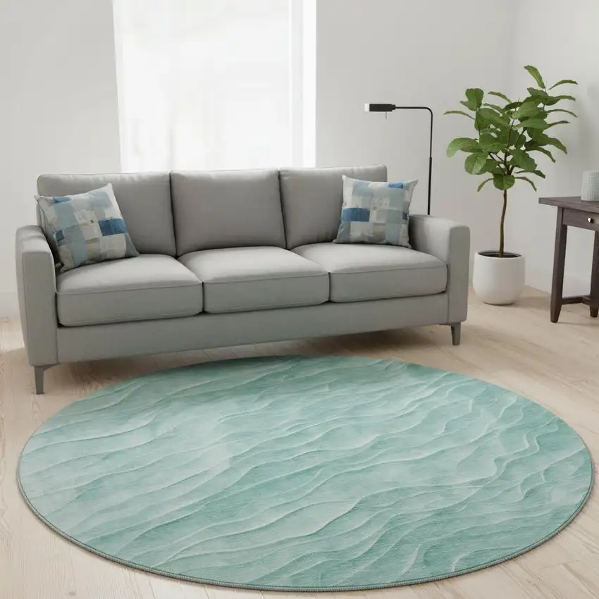 8' X 8' Aqua And Ivory Abstract Washable Round Rug With UV Protection Photo 2