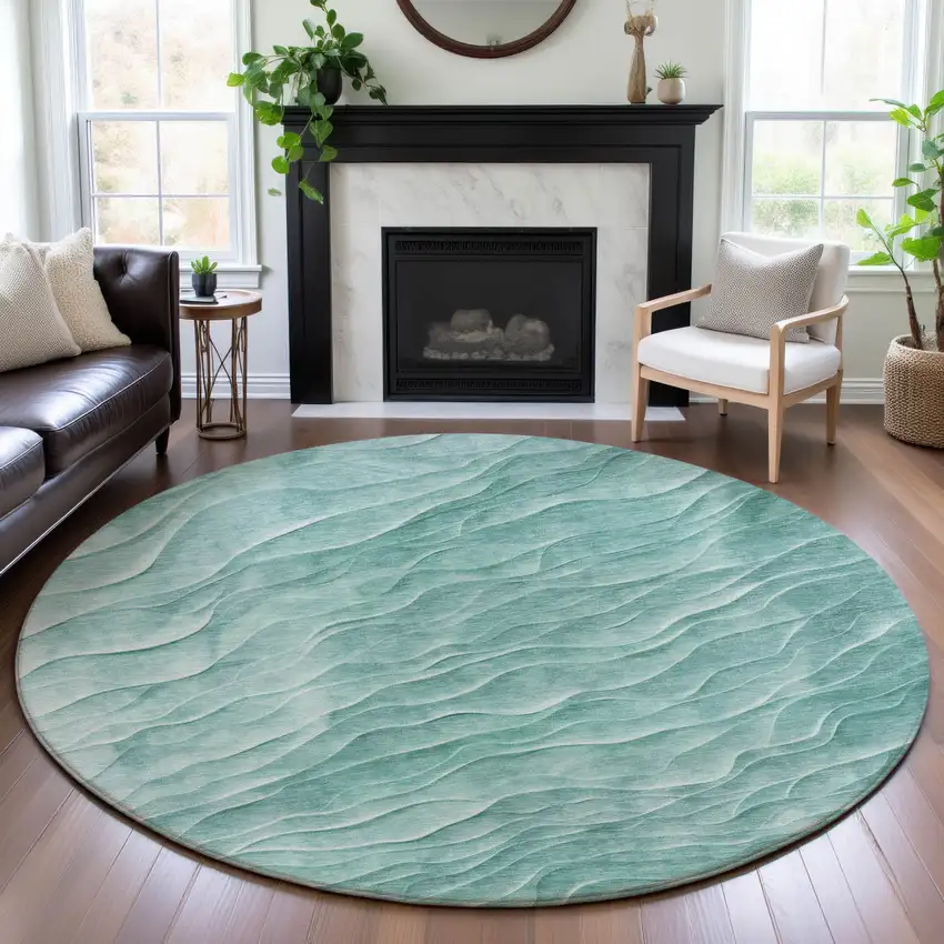 8' X 8' Aqua And Ivory Abstract Washable Round Rug With UV Protection Photo 4