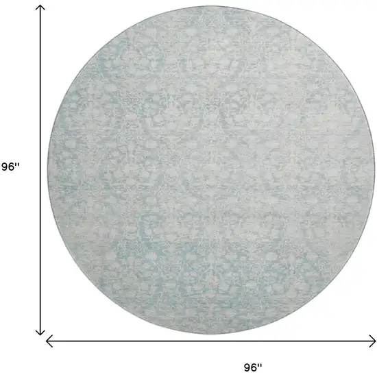 8' X 8' Aqua And Ivory Damask Washable Round Rug With UV Protection Photo 9