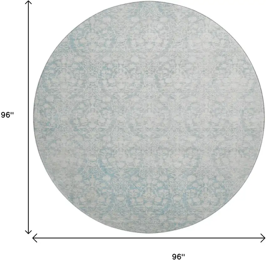8' X 8' Aqua And Ivory Damask Washable Round Rug With UV Protection Photo 9