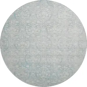 Photo of 8' X 8' Aqua And Ivory Damask Washable Round Rug With UV Protection