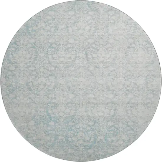 8' X 8' Aqua And Ivory Damask Washable Round Rug With UV Protection Photo 1