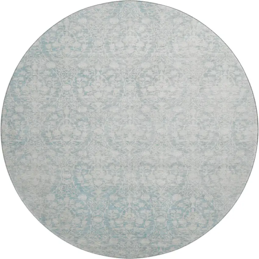 8' X 8' Aqua And Ivory Damask Washable Round Rug With UV Protection Photo 1
