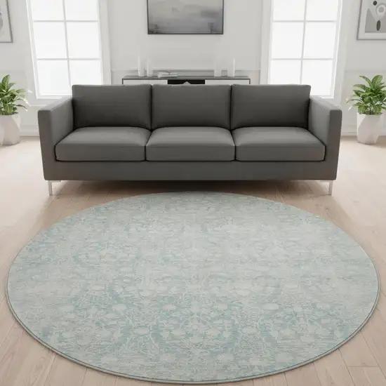 8' X 8' Aqua And Ivory Damask Washable Round Rug With UV Protection Photo 2