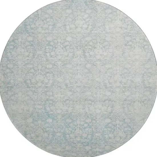 8' X 8' Aqua And Ivory Damask Washable Round Rug With UV Protection Photo 3