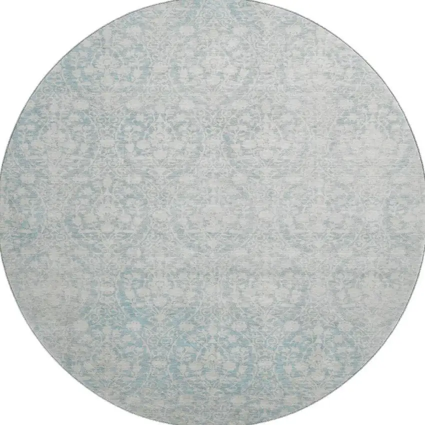 8' X 8' Aqua And Ivory Damask Washable Round Rug With UV Protection Photo 3