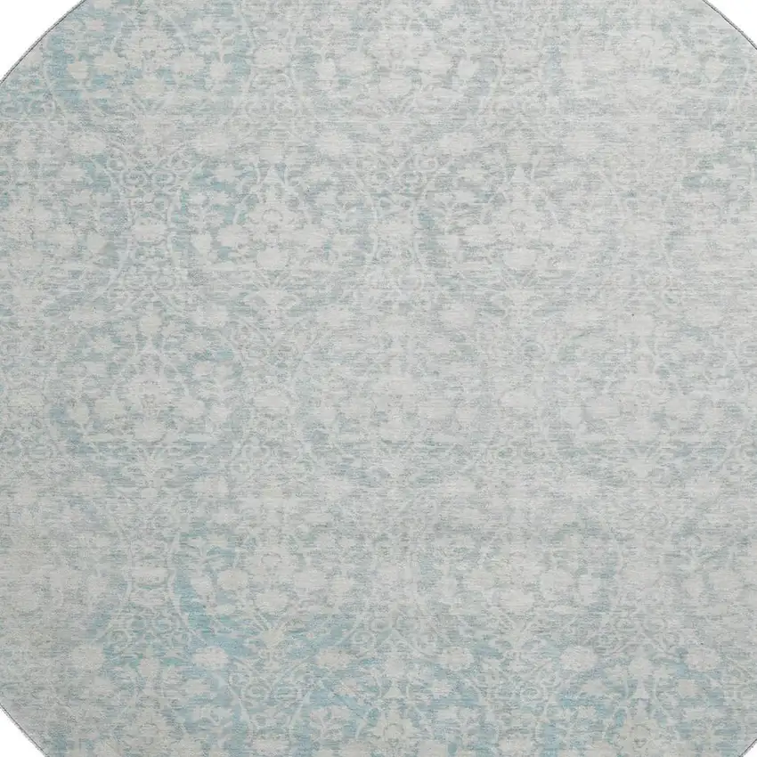 8' X 8' Aqua And Ivory Damask Washable Round Rug With UV Protection Photo 2