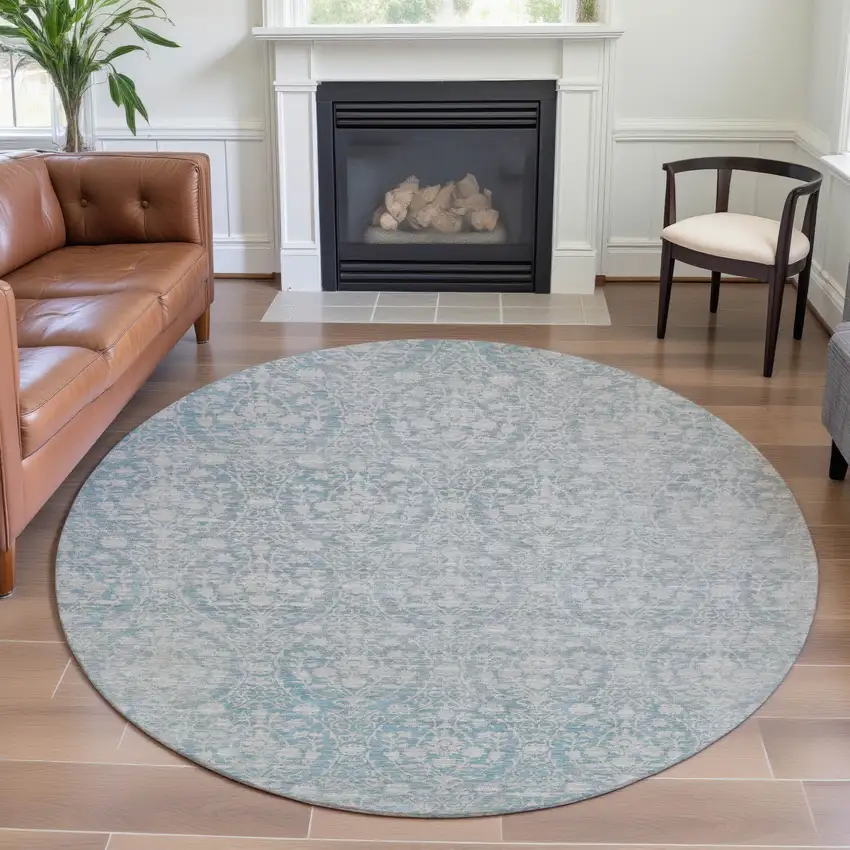 8' X 8' Aqua And Ivory Damask Washable Round Rug With UV Protection Photo 4
