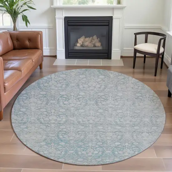 8' X 8' Aqua And Ivory Damask Washable Round Rug With UV Protection Photo 4