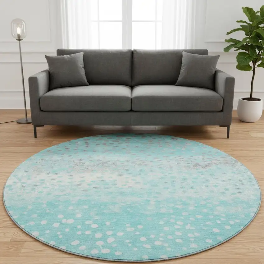 8' X 8' Aqua Gray And Ivory Polka Dot Washable Round Rug With UV Protection Photo 2