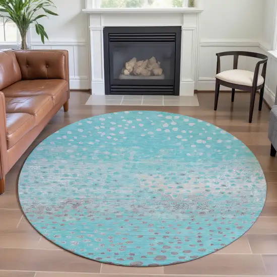 8' X 8' Aqua Gray And Ivory Polka Dot Washable Round Rug With UV Protection Photo 4