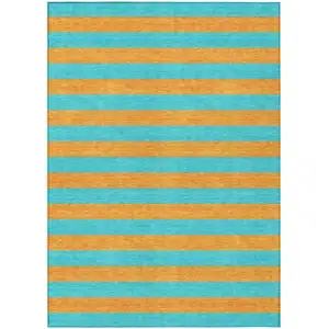Photo of 3' X 5' Aqua Striped Washable Non Skid Indoor Outdoor Area Rug