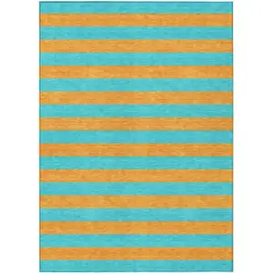 Photo of 3' X 5' Aqua Striped Washable Non Skid Indoor Outdoor Area Rug