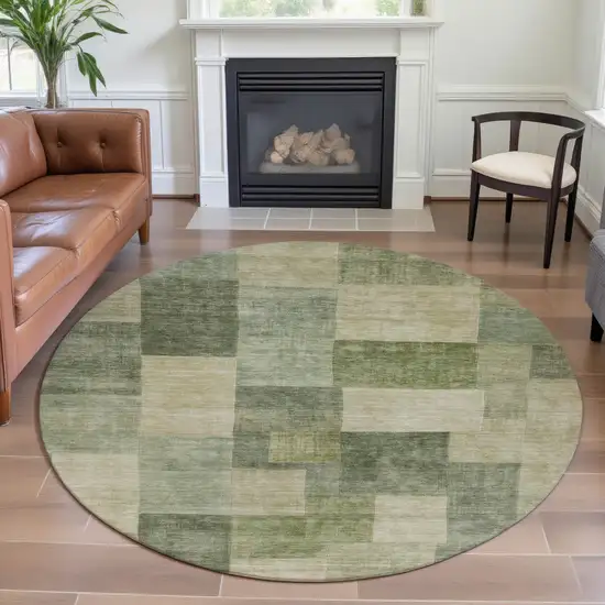 8' X 8' Artichoke Green And Beige Geometric Washable Round Rug With UV Protection Photo 4