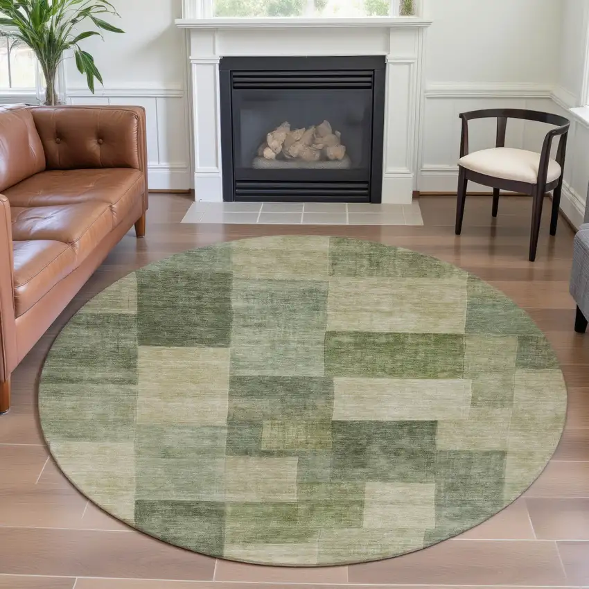 8' X 8' Artichoke Green And Beige Geometric Washable Round Rug With UV Protection Photo 4
