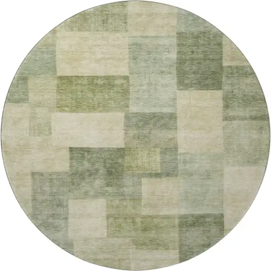 8' X 8' Artichoke Green And Beige Geometric Washable Round Rug With UV Protection Photo 3