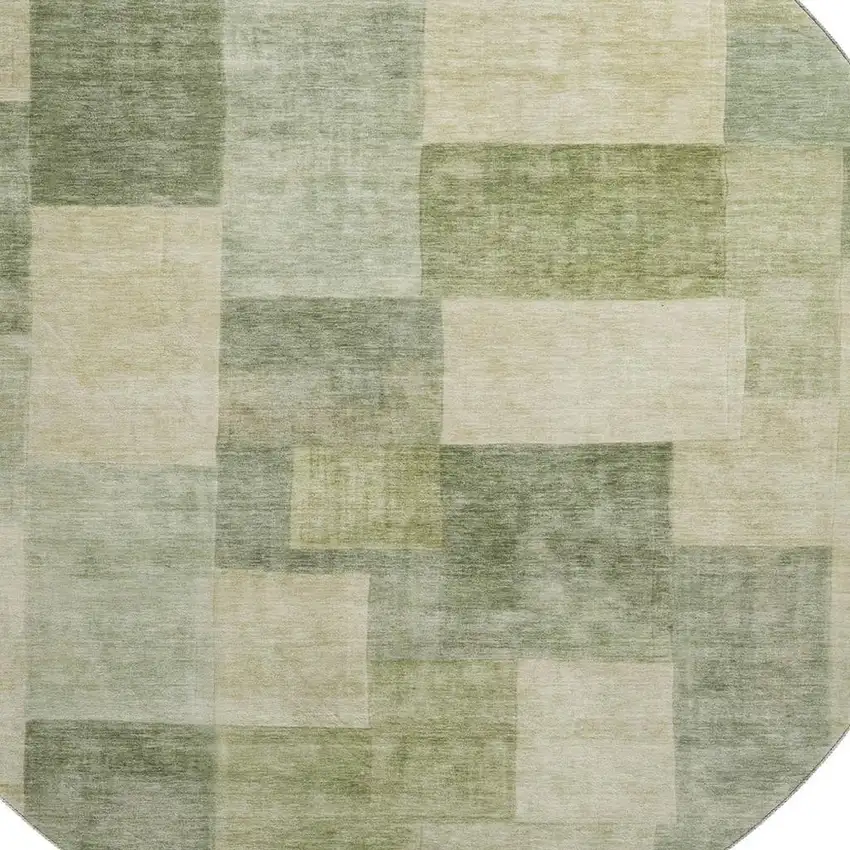 8' X 8' Artichoke Green And Beige Geometric Washable Round Rug With UV Protection Photo 2