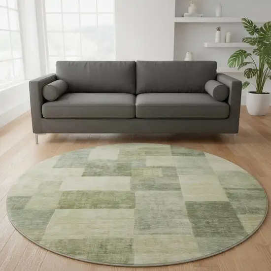 8' X 8' Artichoke Green And Beige Geometric Washable Round Rug With UV Protection Photo 2