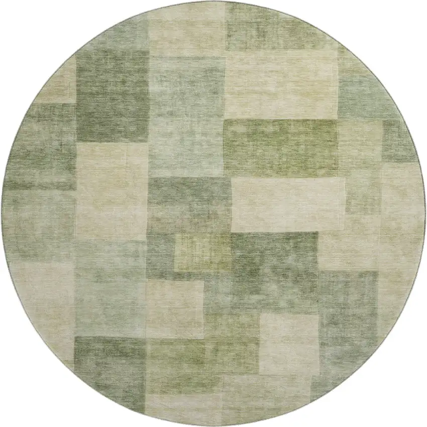 8' X 8' Artichoke Green And Beige Geometric Washable Round Rug With UV Protection Photo 1