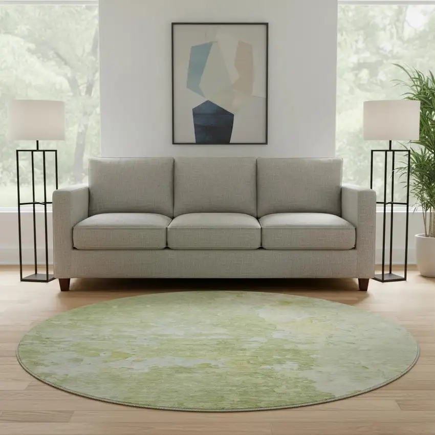 8' X 8' Artichoke Green And Gold Abstract Washable Round Rug With UV Protection Photo 2