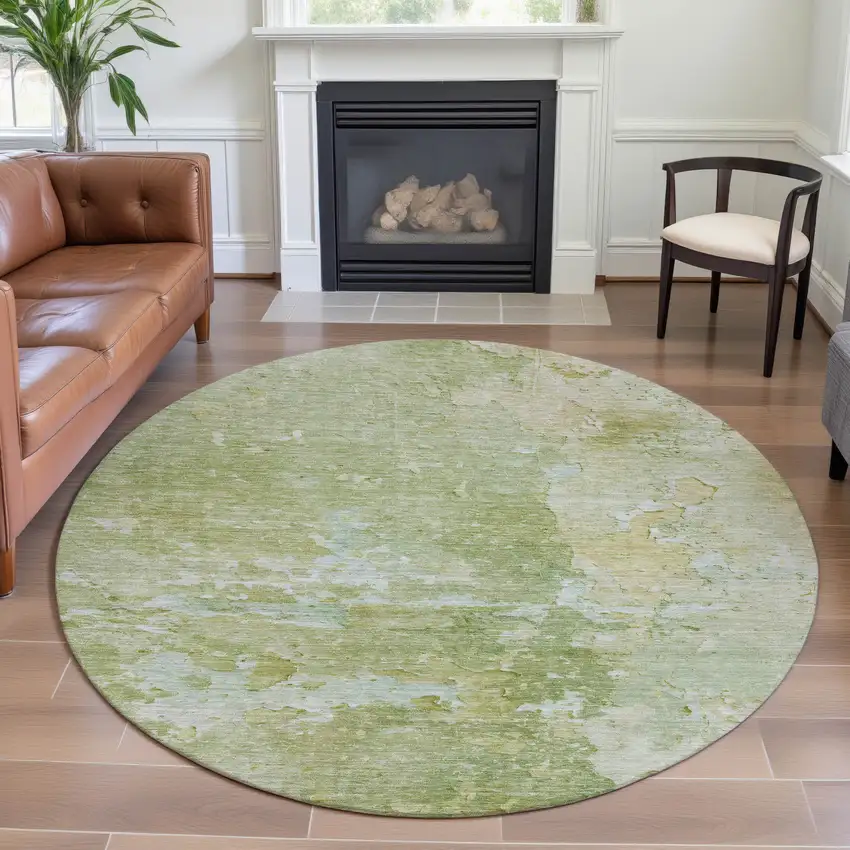 8' X 8' Artichoke Green And Gold Abstract Washable Round Rug With UV Protection Photo 4