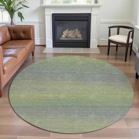 8' X 8' Artichoke Green And Gray Striped Washable Round Rug With UV Protection Photo 4
