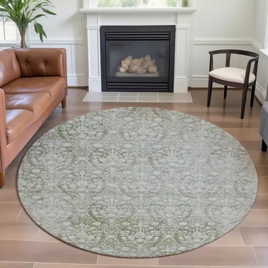 8' X 8' Artichoke Green And Ivory Damask Washable Round Rug With UV Protection Photo 4