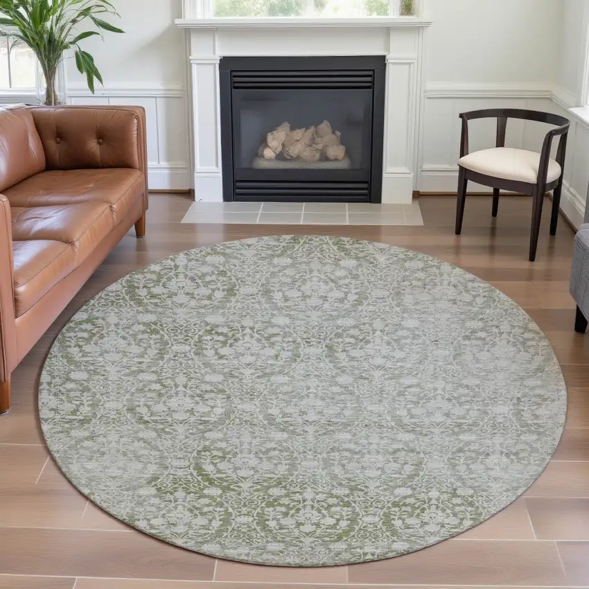 8' X 8' Artichoke Green And Ivory Damask Washable Round Rug With UV Protection Photo 4