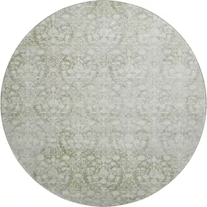 Photo of 8' X 8' Artichoke Green And Ivory Damask Washable Round Rug With UV Protection