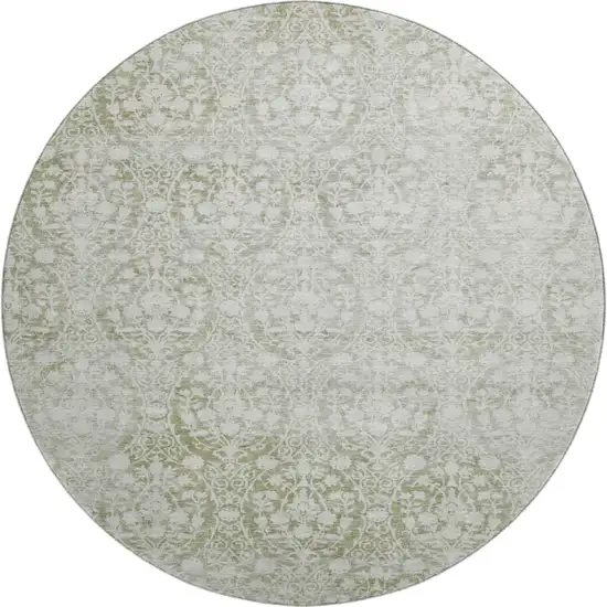 8' X 8' Artichoke Green And Ivory Damask Washable Round Rug With UV Protection Photo 1