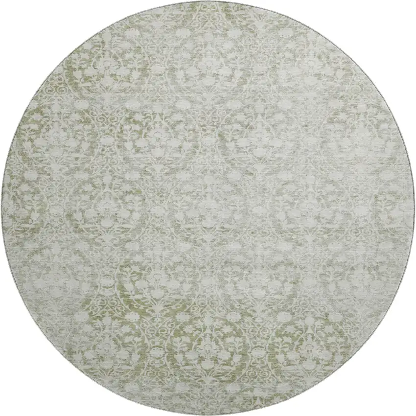 8' X 8' Artichoke Green And Ivory Damask Washable Round Rug With UV Protection Photo 1
