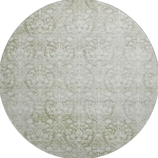 8' X 8' Artichoke Green And Ivory Damask Washable Round Rug With UV Protection Photo 3