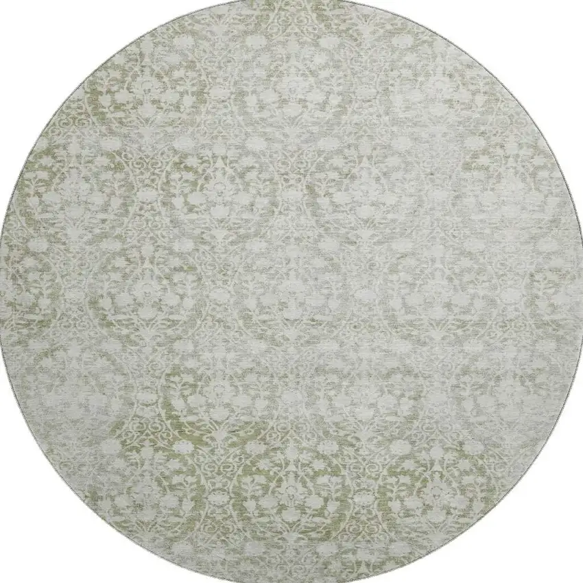 8' X 8' Artichoke Green And Ivory Damask Washable Round Rug With UV Protection Photo 3