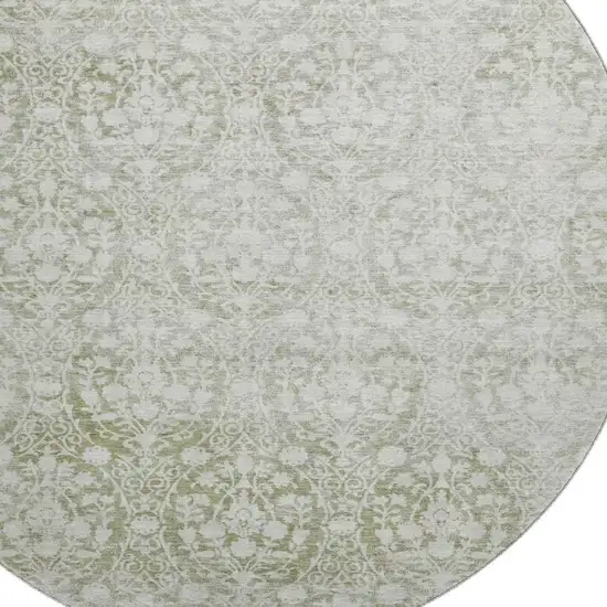 8' X 8' Artichoke Green And Ivory Damask Washable Round Rug With UV Protection Photo 2