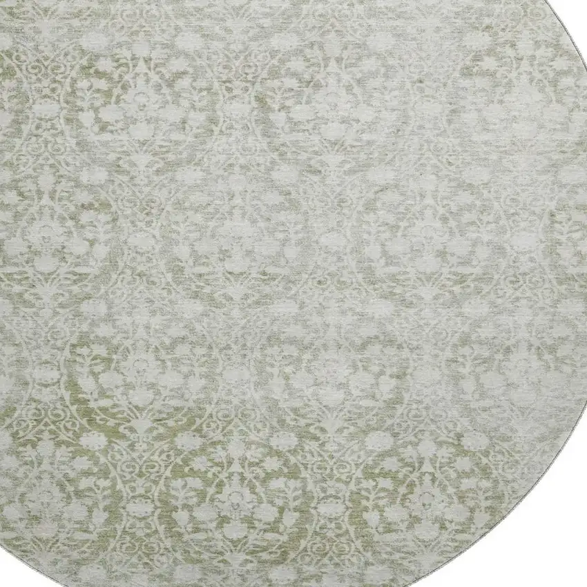 8' X 8' Artichoke Green And Ivory Damask Washable Round Rug With UV Protection Photo 2