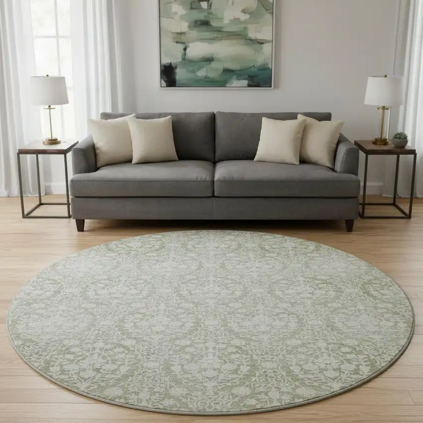8' X 8' Artichoke Green And Ivory Damask Washable Round Rug With UV Protection Photo 2