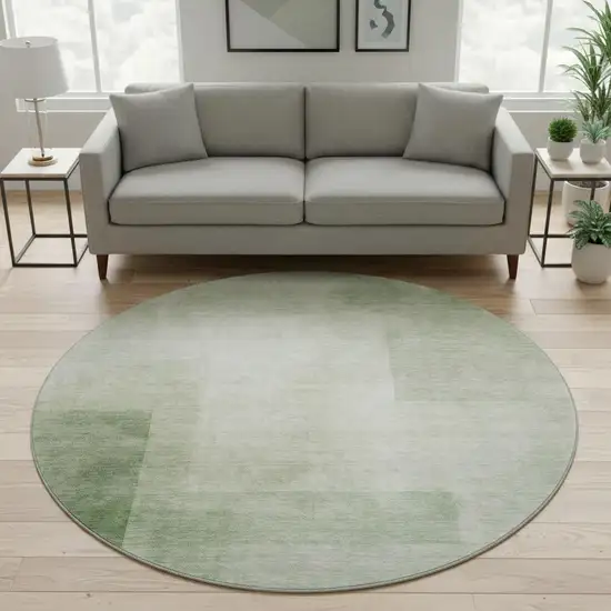 8' X 8' Artichoke Green And Ivory Geometric Washable Round Rug With UV Protection Photo 2