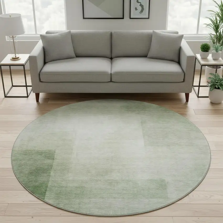 8' X 8' Artichoke Green And Ivory Geometric Washable Round Rug With UV Protection Photo 2