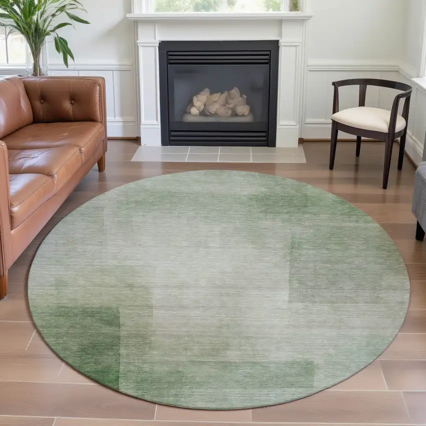 8' X 8' Artichoke Green And Ivory Geometric Washable Round Rug With UV Protection Photo 4