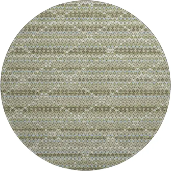 8' X 8' Artichoke Green And Ivory Geometric Washable Round Rug With UV Protection Photo 1