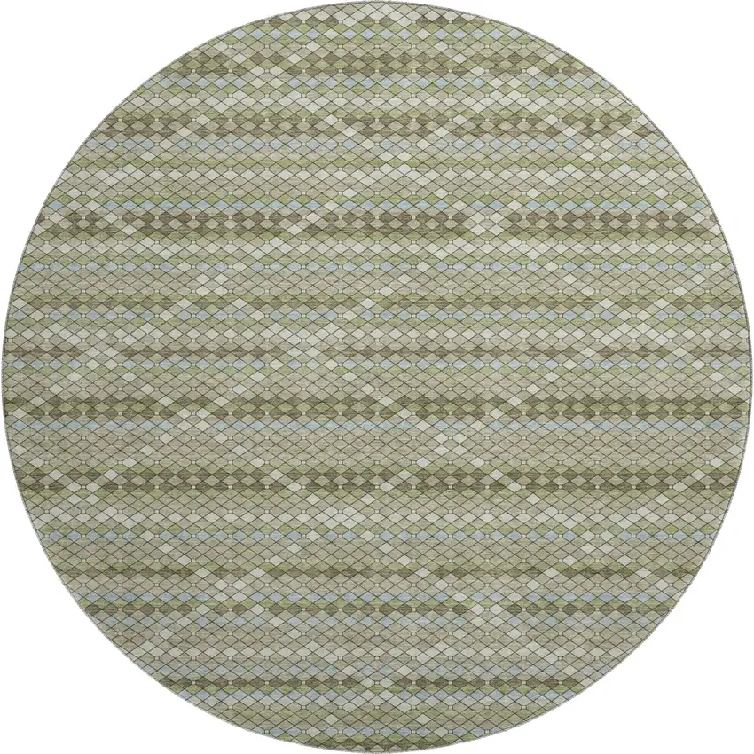 8' X 8' Artichoke Green And Ivory Geometric Washable Round Rug With UV Protection Photo 1