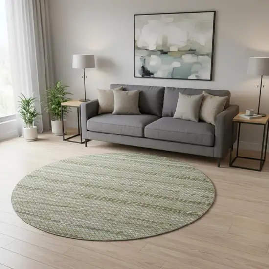 8' X 8' Artichoke Green And Ivory Geometric Washable Round Rug With UV Protection Photo 2