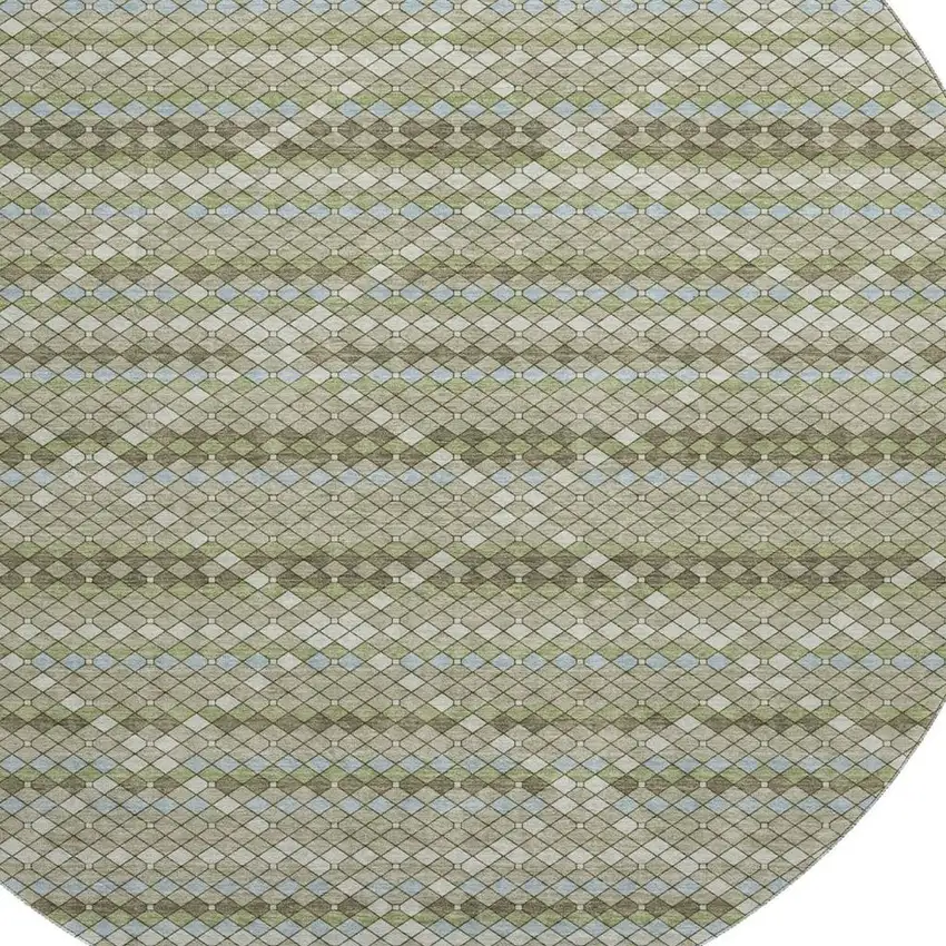 8' X 8' Artichoke Green And Ivory Geometric Washable Round Rug With UV Protection Photo 2